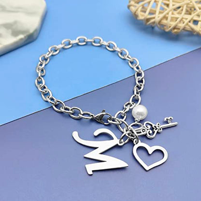 Initial A-Z Bracelets Gift for Women Girls Stainless Steel Chain Bracelet 26 Alphabet Jewelry Gifts for Birthday Anniversary Letter Bracelet Monogram Gifts for Sister Friend Girlfriends Mom 8.26 Inch - color: Silver