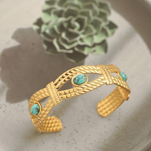 PERNNLA PEARL Dainty Gold Bar Bracelet for Women Simple Delicate Thin Cuff Bangle Hook Bracelet 18K Gold Plated Handmade Minimalist Jewelry - color: 9.3-Turquoise