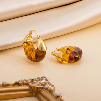 LAXPICOL Gold Chunky Dangle Earrings For Women Resin Stone Earrings Hoop Earrings, 18k Plated Oval Resin Stone Statement Earrings for Women Unique Dangling Teardrop Baroque Huggies Hoop Earrings - color: Brown-Teardrop 2