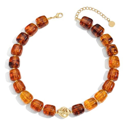 Beaded Necklaces for Women Boho Chunky Necklace Statement Big Resin Bead Choker Fashion Summer Beach Jewelry - color: Amber