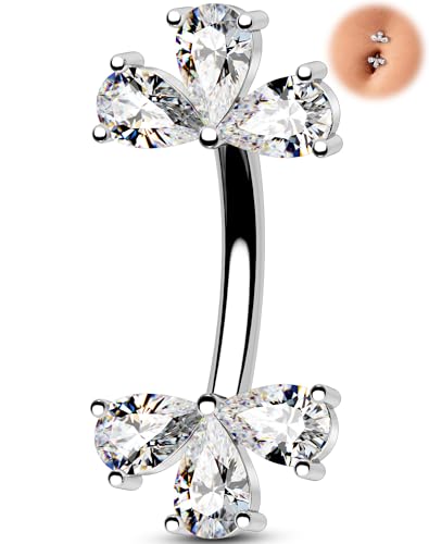 Melighting 14G Double Teardrop CZ Gold Belly Button Ring 316L Surgical Steel Navel Ring 3 Stone Drop Design Belly Bar Piercing Jewelry for Women 8 mm/10 mm - color: Steel, size: 14G8mm