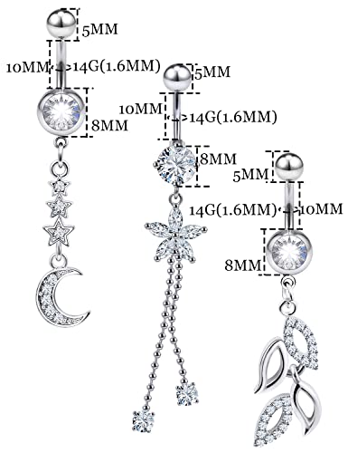 7PCS 14G 10mm Stainless Steel Dangle Belly Button Rings for Women Belly Piercing CZ Inlaid - style: Silver-B