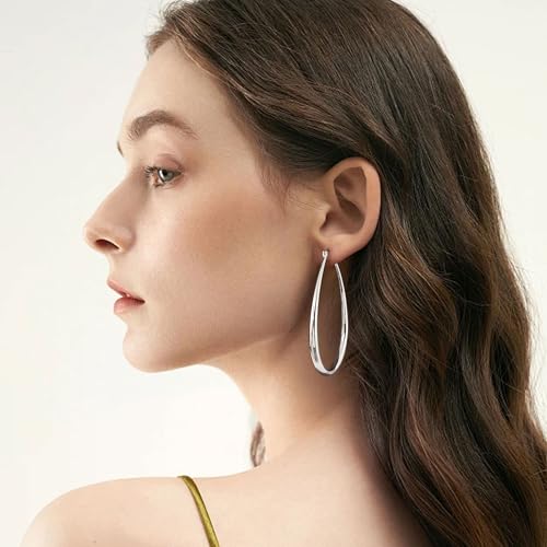 Gacimy Chunky Hoop Earrings for Women, 14K Gold Plated Oval Hoop Earrings with 925 Sterling Silver Post - color: Silver, size: 60mm
