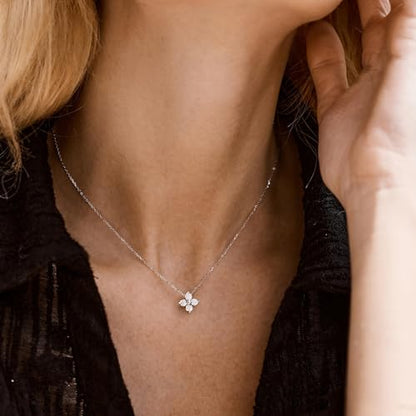 Gold Silver Necklace for Women, Dainty Cubic Zirconia Pendant | Teardrop CZ Charm, 14K Gold/Sterling Silver Plated, Adjustable Chain, Hypoallergenic & Waterproof Jewelry, Cute Trendy Gift - color: Silver-Clover necklace
