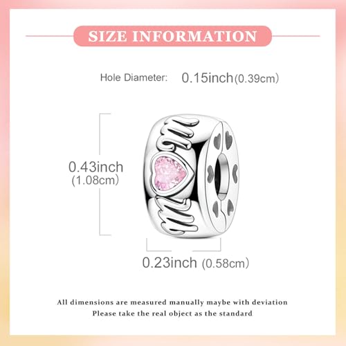 925 Sterling Silver Openable Clip Spacer Bead Fits Pandora Bracelet | Hypoallergenic Clip Stopper Charm, Star Clover Butterfly Floral Mom Heart Paved Zircon Gift for DIY Charm Bracelet Jewelry - color: Mom Pink Heart
