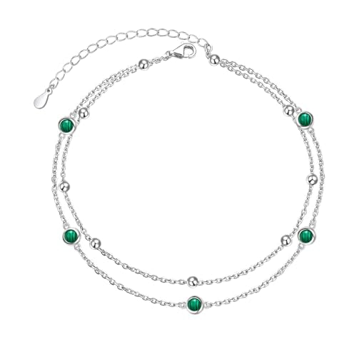 Flyow Anklet for Women S925 Sterling Silver Adjustable Foot Beaded Heart Charm Ankle Bracelet Anklets Jewelry - style: Malachite