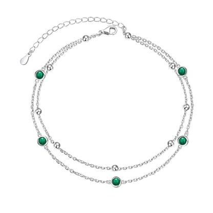 Flyow Anklet for Women S925 Sterling Silver Adjustable Foot Beaded Heart Charm Ankle Bracelet Anklets Jewelry - style: Malachite