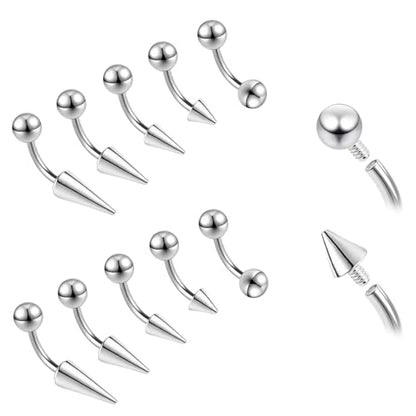 ZS 10Pcs 16G/18G Spike Eyebrow Piercing Jewelry, Internal Thread Curved Barbell Vertical Labret Lip Rings, Spike Tragus Helix Earrings Rook Nose Bridge Rings - color: A:curved barbell, size: 16g,L:8mm