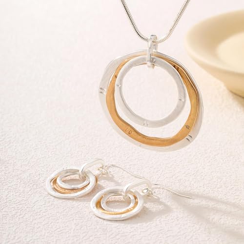 3 Circles Silver Hoop Earrings Necklace Set for Women Geometric Jewelry Set | 925 Silver Hypoallergenic Small Hoop Circle Geometry Textured Finish Minimalist Style Comfortable Wear - style: Gold Hammered Hoop