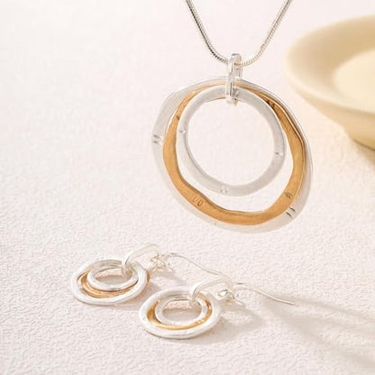 3 Circles Silver Hoop Earrings Necklace Set for Women Geometric Jewelry Set | 925 Silver Hypoallergenic Small Hoop Circle Geometry Textured Finish Minimalist Style Comfortable Wear - style: Gold Hammered Hoop