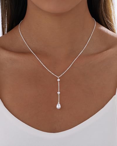 Pearl Necklaces for Women Trendy 14k Gold Plated Cubic Zirconia Pearl Pendant Necklace Valentines Day Wedding Birthday Mother's Day Gifts Dainty Gold Necklace for Women - color: Style 6 - Silver Necklace