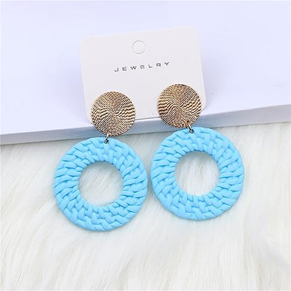 Boho Acrylic Geometric Round Braided Drop Dangle Earrings for Women - color: Blue
