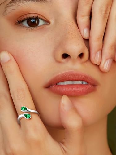 Bestyle Silver Birthstone Ring for Women, Dainty Sterling Silver Teardrop Ring Open Adjustable Band Ring, Love Statement TOI et Moi Ring Promise Ring for Her - color: 05.May( Emerald)