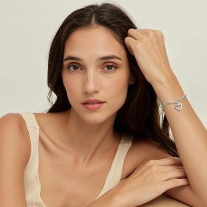 Emibele Heart Charm Bracelet for Women, Bible Verse Bracelet Stainless Steel 18K Gold Plated Bracelet Love Pendant Link Chain OT Clasp, Birthday Christmas Jewelry Gift for Mother Her - color: Silver Heart Charm