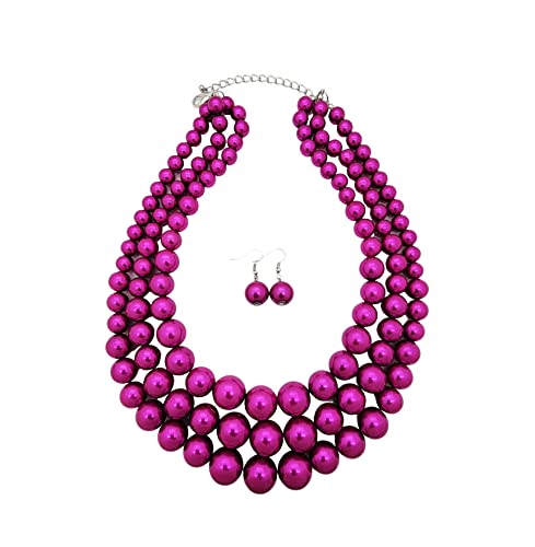 Simulated Pearl Necklace & Earring Set, Multi Strand - color: Fuchsia