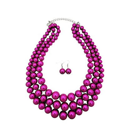 Simulated Pearl Necklace & Earring Set, Multi Strand - color: Fuchsia