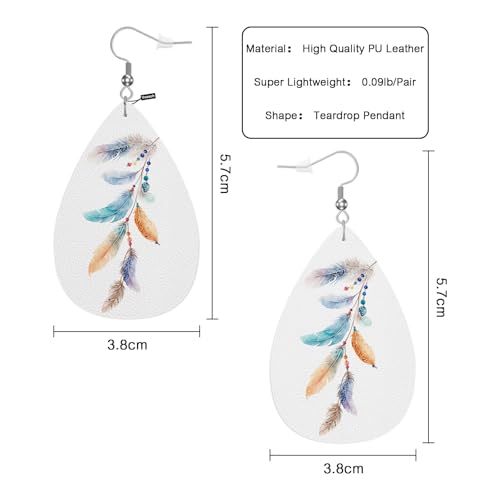Beautiful Feathers Fashion Faux Leather Earrings Watercolor Boho Ethnic Bird Feathers Wedding Teardrop Earrings Jewelry For Women Friends Bridal - color: Beautiful Feathers