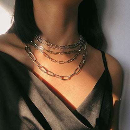 Layered Chain Necklaces for women 18 Inch Gold Plated Paperclip Chain Silver Tone Choker Necklace Rope Ball Chains Punk Jewelry - style: Silver 5-layer Chains