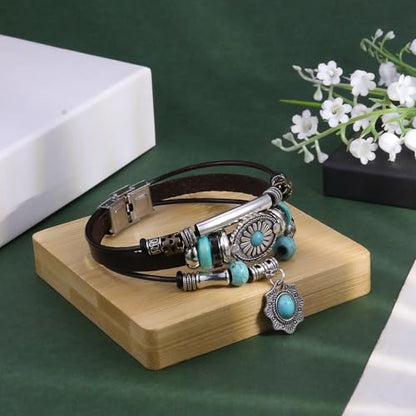 INENIMARTJ Western Turquoise Leather Wrap Bracelets for Men Women Boho Multilayer Turquoise Cuff Wrap Bracelet Western Bracelet Jewelry for Men and Woman - color: 17coffee