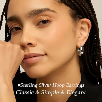 PABBEU Chunky Silver Hoops Earrings for Women Hypoallergenic | Lightweight 925 Sterling Silver Oval Hoop Earring, Sterling Silver Thick Hoop Earrings for Women Gift 25/28/30/38/40mm - color: 25mm Silver