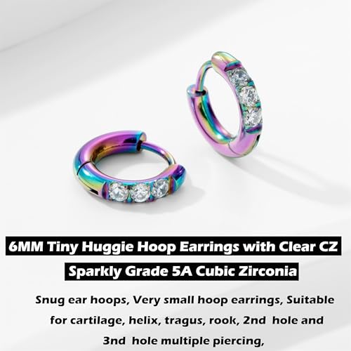Hypoallergenic Unisex Surgical Steel Small Cubic Zirconia Huggie Hoop Earring, Color Gold - Silver - Rose Gold - Black - Rainbow, Size 6mm- 12mm Safe for Sensitive Ear - style: A0001 : 6MM Rainbow Hoops(2mm thickness)