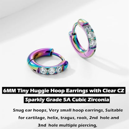 Hypoallergenic Unisex Surgical Steel Small Cubic Zirconia Huggie Hoop Earring, Color Gold - Silver - Rose Gold - Black - Rainbow, Size 6mm- 12mm Safe for Sensitive Ear - style: A0001 : 6MM Rainbow Hoops(2mm thickness)