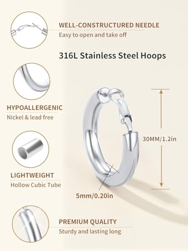 FindChic Hoop Earrings for Women, Silver/Black/14K Gold Plated Hypoallergenic Hollow Round Tube Loop Earrings, 20mm/30mm/40mm/60mm/80mm Chunky Hoops with Custom Name Options & Gift Box - color: b.Silver, size: 30MM