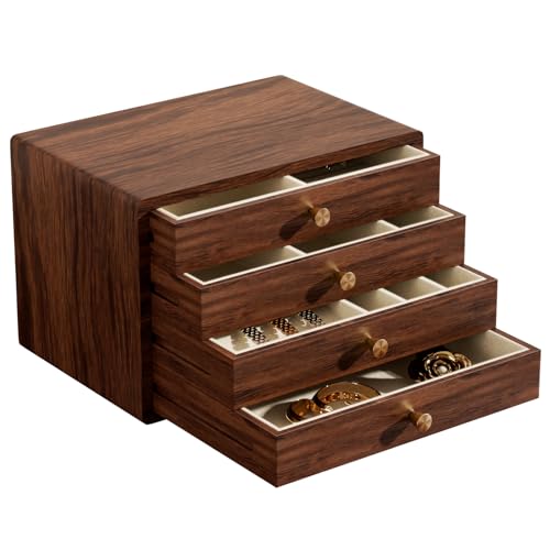 GENUINED Gifts for Women, Large Black Walnut Wooden Jewelry Box for Women, Solid Wood Jewelry Organizers and Storage(4 Layer)