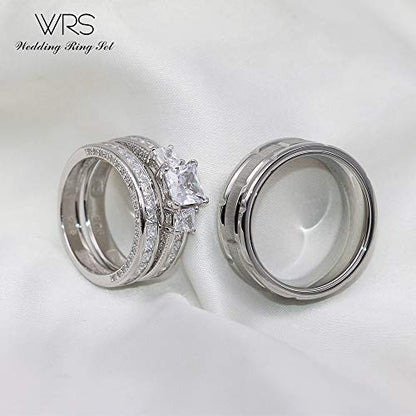 His Hers Wedding Ring Sets Couples Matching Rings Women's 10k White Gold Filled Square CZ Wedding Engagement Ring Bridal Sets & Men's Tungsten Carbide Wedding Band - style: women's size #6 & men's size #8