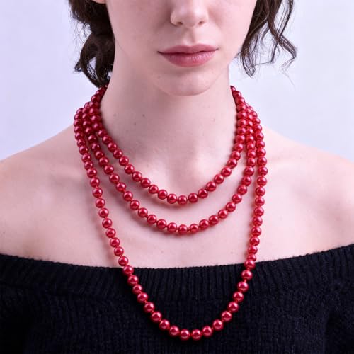 Pearl Necklaces for Women 60'' 70" Long Pearl Necklace 15.75'' Pearl Choker Necklace Chunky Bead Layered Faux Pearl Dangle Wedding Bridal 1920s Gatsby Christmas Costume Jewelry Gifts - color: Red-60''