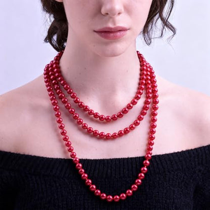 Pearl Necklaces for Women 60'' 70" Long Pearl Necklace 15.75'' Pearl Choker Necklace Chunky Bead Layered Faux Pearl Dangle Wedding Bridal 1920s Gatsby Christmas Costume Jewelry Gifts - color: Red-60''