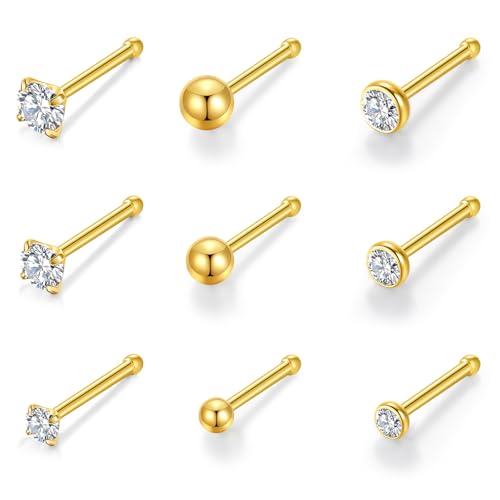Gotumo 20G Nose Rings Titanium Nose Studs Cubic Zirconia Straight Nose Piercing Jewelry Hypoallergenic Nose Rings Studs for Women Men 6pcs set Silver - color: Gold, size: 20G Straight 9pcs