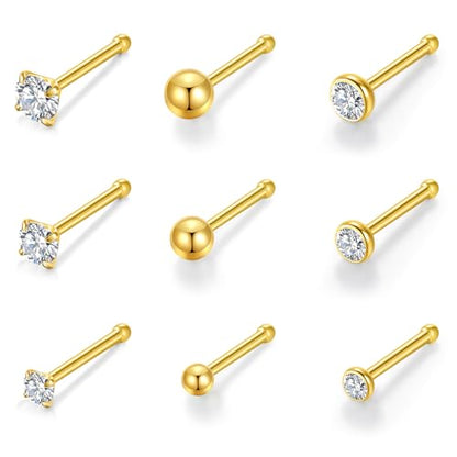 Gotumo 20G Nose Rings Titanium Nose Studs Cubic Zirconia Straight Nose Piercing Jewelry Hypoallergenic Nose Rings Studs for Women Men 6pcs set Silver - color: Gold, size: 20G Straight 9pcs