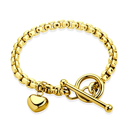 555Jewelry Stainless Steel Toggle Box Link Chain Heart Charm Bracelet for Women & Girls - color: Gold
