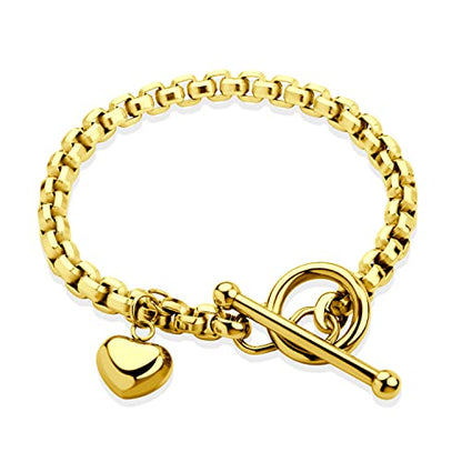 555Jewelry Stainless Steel Toggle Box Link Chain Heart Charm Bracelet for Women & Girls - color: Gold