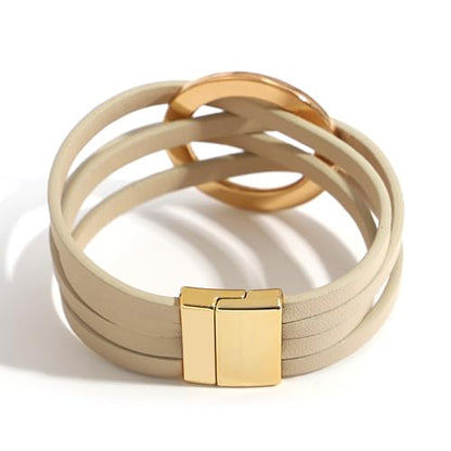 hotoo Circle Charm Bracelets for Women Handmade Leather Wrap Bracelets for Couples Friendship Bracelet Bohemian Cuff Bangle Boho Jewelry Gift - color: New Khaki