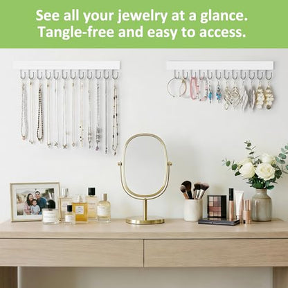 Jewelry Organizer Wall Mounted 2 Pack, Wooden Necklace Holder Wall Hanger with 24 Hooks for Hanging Necklaces and Jewelry Storage, White - color: White