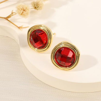 Gold Irregular Round Stud Earrings for Women 14K Gold Plated Crystal Rhinestone Stud Earrings Cubic Zirconia Statement Earrings Trendy Party Jewelry Gift for Women, Vintage Red Gemstone & Transparent