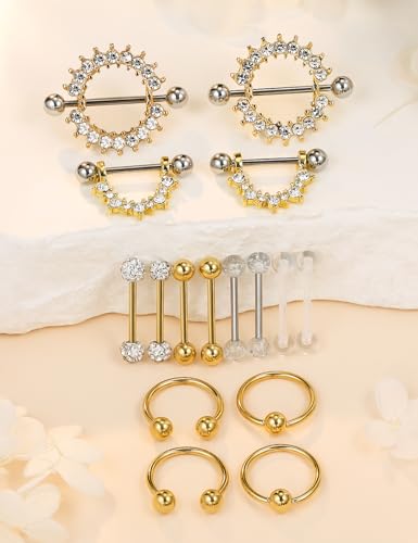 Cisyozi 16G 14G Nipple Piercing Jewelry Tongue Rings Hypoallergenic Surgical Steel Screw Nipple Tongue Shield Ring Barbell Body Piercing Jewelry Retainer for Women 9/16 Inch 14mm - color: C:14G(1.6MM)-8Pairs - Gold