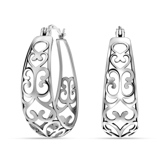 LeCalla 925 Sterling Silver Chunky Hoop Earrings | Filigree Heart Hoop Earrings for Women | Oval & Round Mesh Filigree Click-Top Hoops Earring | Hypoallergenic Earrings for Women - color: Antique Oval Filigree 24MM
