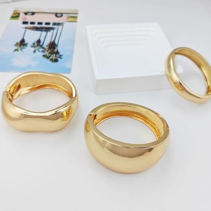 Chunky Gold Bangle Bracelets for Women, 14K Gold Plated Wide Cuff Bracelet | Stackable Open Cuff Bangles, Trendy Statement Jewelry Gift for Women - color: Gold-11