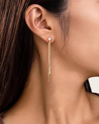 Dangle Earrings for Women - 14K Gold/White Gold/Rose Gold Plated Butterfly Heart Star Hoop Chain Long Tassel Cubic Zirconia CZ Dangle Earrings - color: Chain front and back