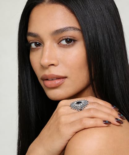 Boho Retro Rhinestone Ring Ethnic Big Flower Crystal Finger Ring Trendy Statement Tribal Indian Dance Costume Ring Jewelry for Women - color: Silver-black
