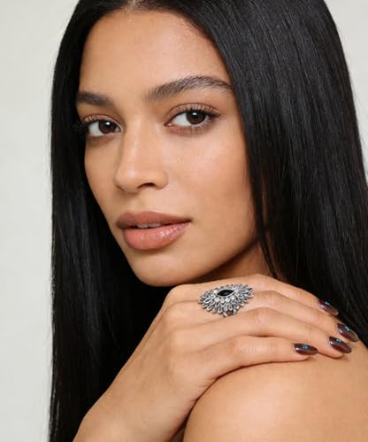 Boho Retro Rhinestone Ring Ethnic Big Flower Crystal Finger Ring Trendy Statement Tribal Indian Dance Costume Ring Jewelry for Women - color: Silver-black