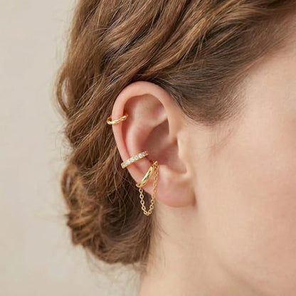 Ear Cuffs Non Piercing Ear Cuff for Women Clip on Huggie Hoop Earrings Gold Fake Earring Cuff with Chain Clips Minimalist Jewelry - color: B4:4pcs gold