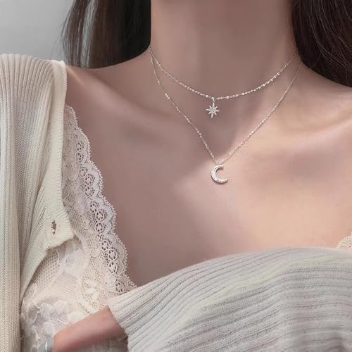 Silver Star Moon Charm Necklace for Women Layered Collarbone Chain Delicate Clavicle Chain Double Layer Necklaces for Woman - color: White K