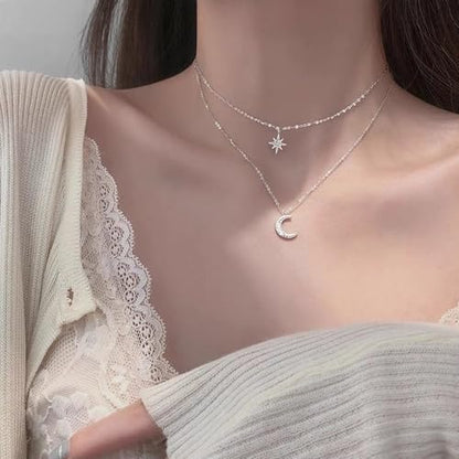 Silver Star Moon Charm Necklace for Women Layered Collarbone Chain Delicate Clavicle Chain Double Layer Necklaces for Woman - color: White K