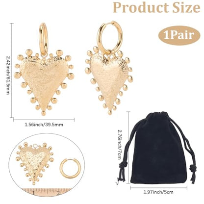 Beebeecraft Heart Dangle Earrings for Women 18K Gold Plated Stainless Steel | Hypoallergenic, Drop Huggie Earrings with Large Love Hearts Charm, For Valentines Gift Jewelry Mother