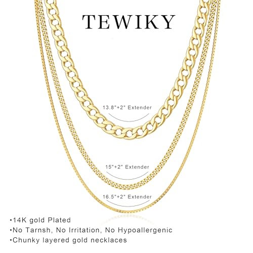 Tewiky Layered Necklaces for Women 14k Gold Plated Chain Necklace Set | Chunky Herringbone/Snake/Rope/Box/Cuban Link Chain for Women, Layering Stack Choker Necklace, Dainty Jewelry Set Non Tarnish - color: 3 Chunky Cuban Box Gold