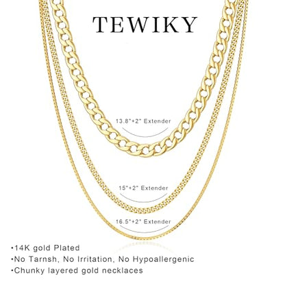 Tewiky Layered Necklaces for Women 14k Gold Plated Chain Necklace Set | Chunky Herringbone/Snake/Rope/Box/Cuban Link Chain for Women, Layering Stack Choker Necklace, Dainty Jewelry Set Non Tarnish - color: 3 Chunky Cuban Box Gold